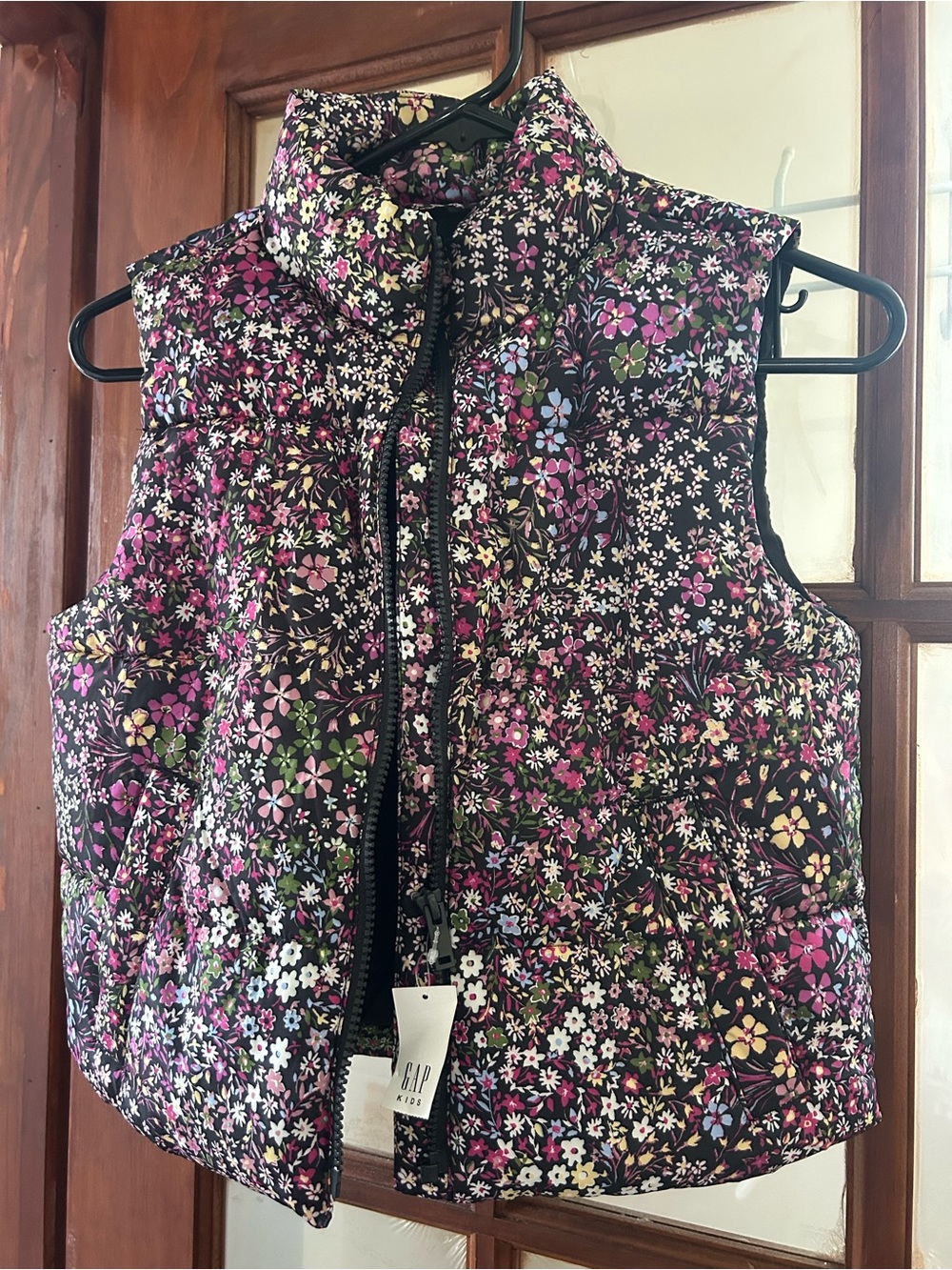 GAP Floral Quilted Puffer Vest - Black with Pink, White & Green Flowers
